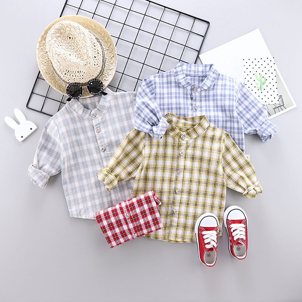 Zomer Kids Peuter Baby Jongens Shirt Lange Mouw Plaid Knappe Katoen Tops Baby Boy Kleding