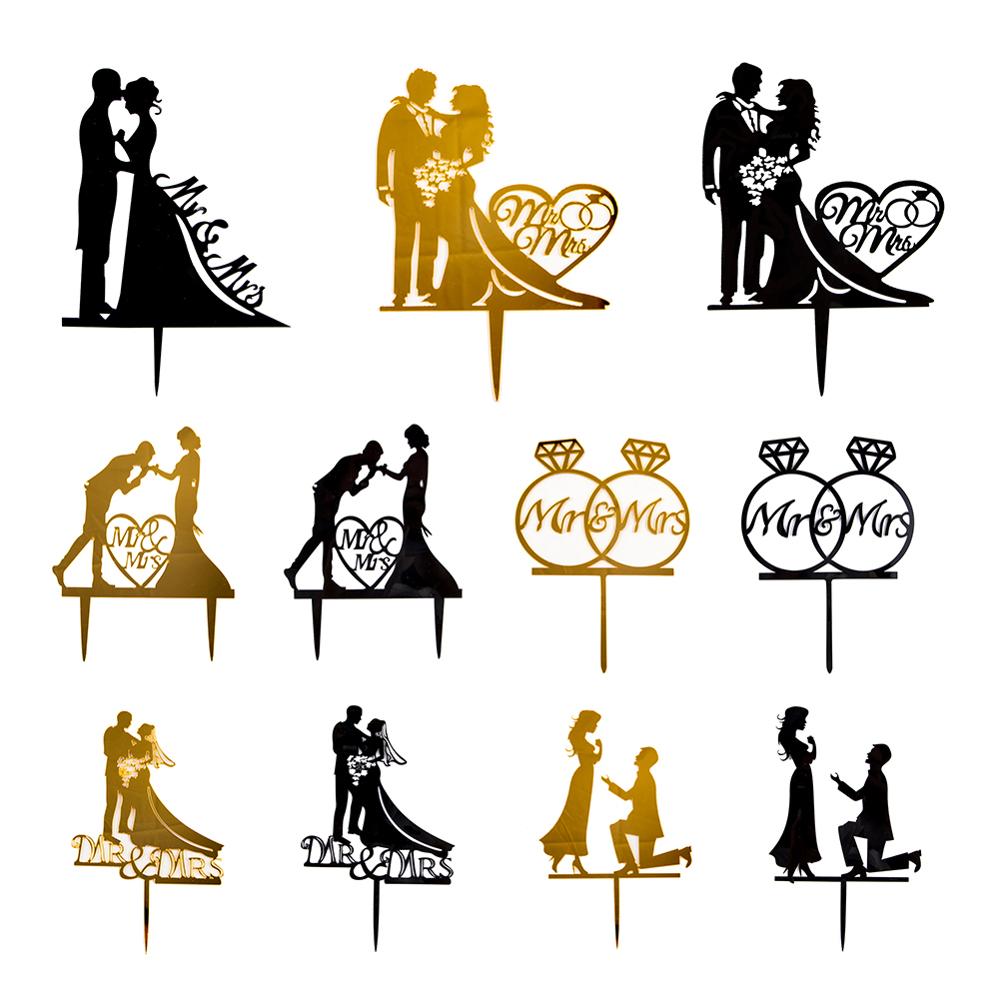 1Pcs Wedding Cake Topper Bride Groom Mr Mrs Acrylic Black Gold Cake Toppers Wedding Decoration Mariage Party Supplies