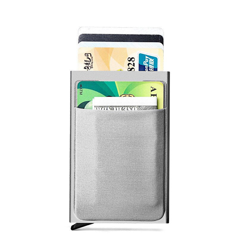 Slim Men Aluminum Wallet With Back Pouch ID Card Holder RFID Protection Mini Metal Automatic Pop up Credit Card Case Coin Purse: Silver with silver