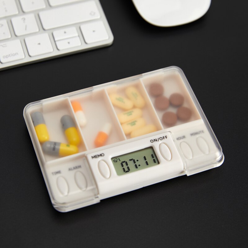 4 Grid Intelligent Plastic Pill Box Electronic Timing Reminder Medicine Boxes Alarm Timer Pills Desk Organizer Storage Container