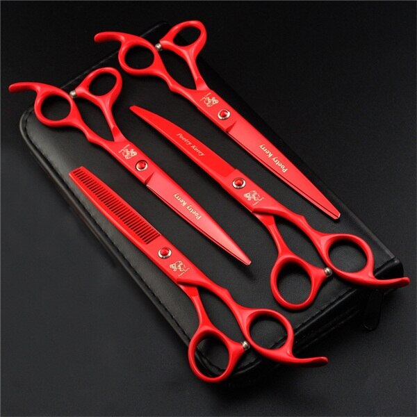 Japan 440C Pet Grooming Scissors Set 7 Inch Dog Shears Hair Cutting Thinning Curved Scissors: PK-704 Red