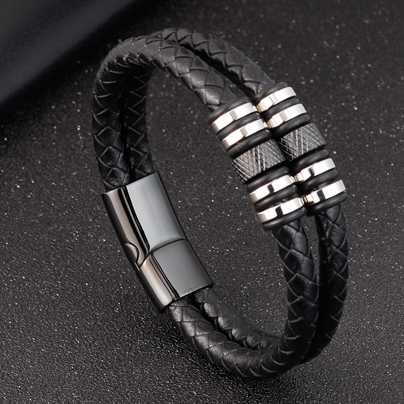 Stainless Steel Accessories Multi-layer Hip Hop Rock Style Black Color Men's Leather Bracelet Year