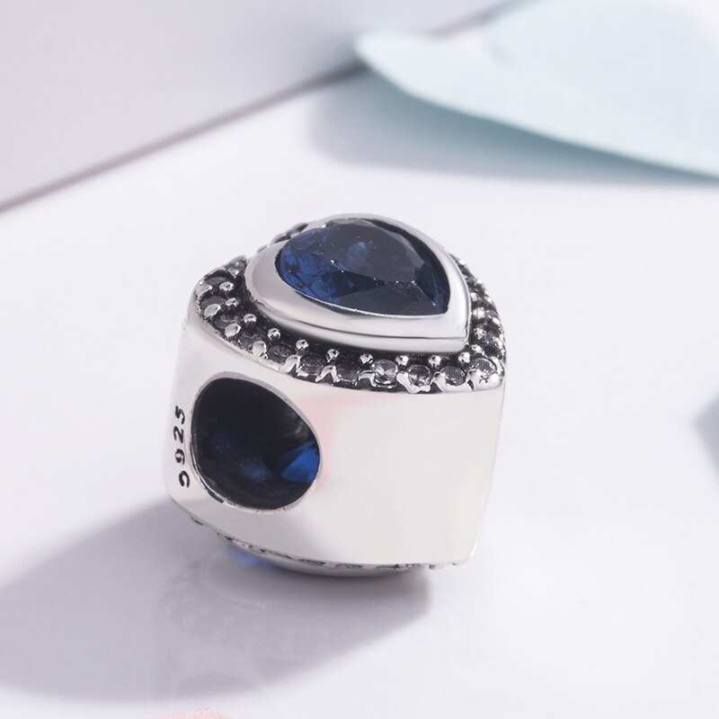 Genuine 925 Sterling Silver Charm Sparkling Two Gorgeous Love Heart With Blue Crystal Bead Fit Pan Bracelet Diy Jewelry