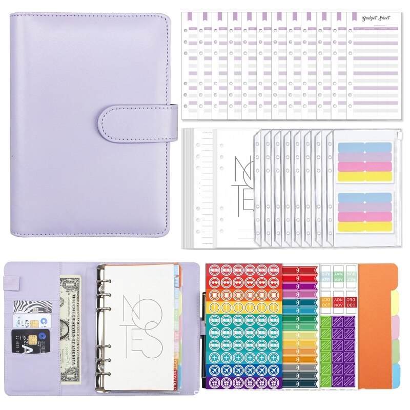 A6 Lederen Bindmiddel Planner Set Met Bindmiddel Zakken Budget Lakens Index Labels: Purple