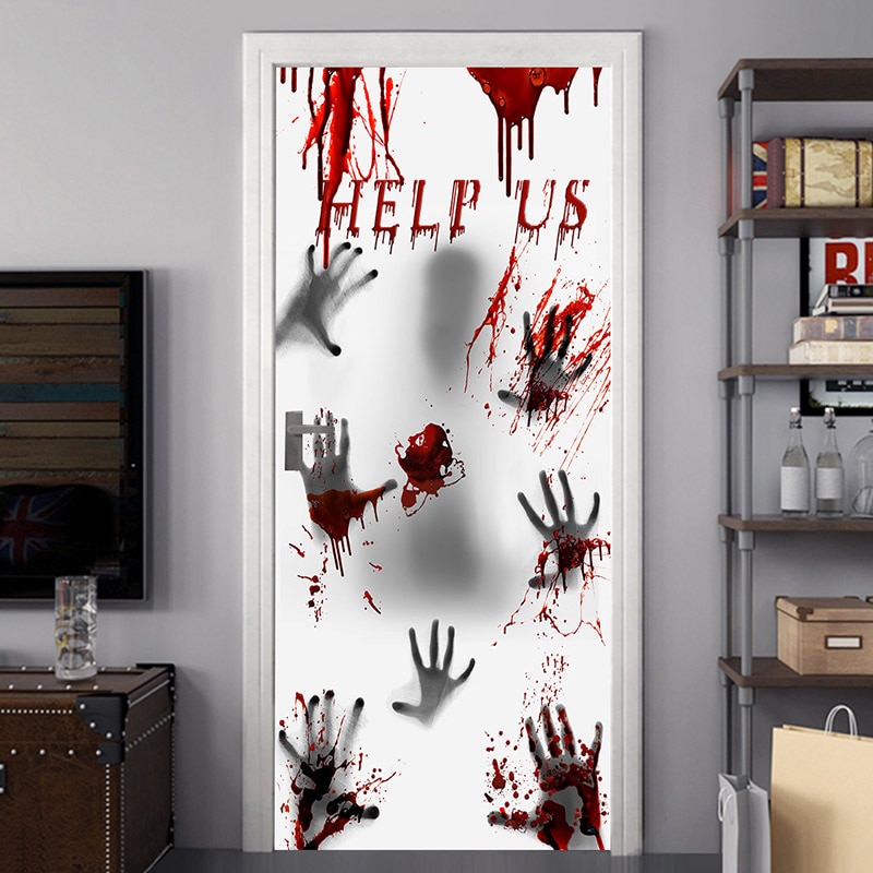 Halloween Door Sticker Bloody Hand Foot Print Stickers Self-adhesive Scary Room Art Decor Party Wall Decal Floor Door Decor