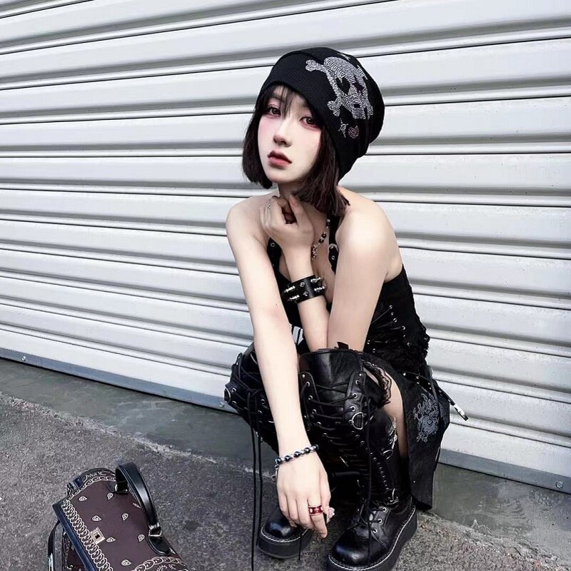 Bonnet Harajuku gothique Punk avec strass, noir, tricoté, Streetwear pour femmes et filles, Rock décontractée