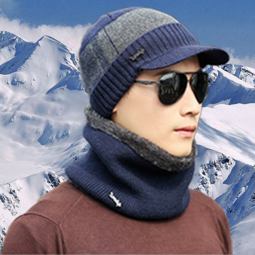 Venda quente inverno tricô chapéu cachecol conjunto masculino cor sólida quente boné cachecóis masculino inverno ao ar livre acessórios chapéus cachecol 2 peças: Azul marinho