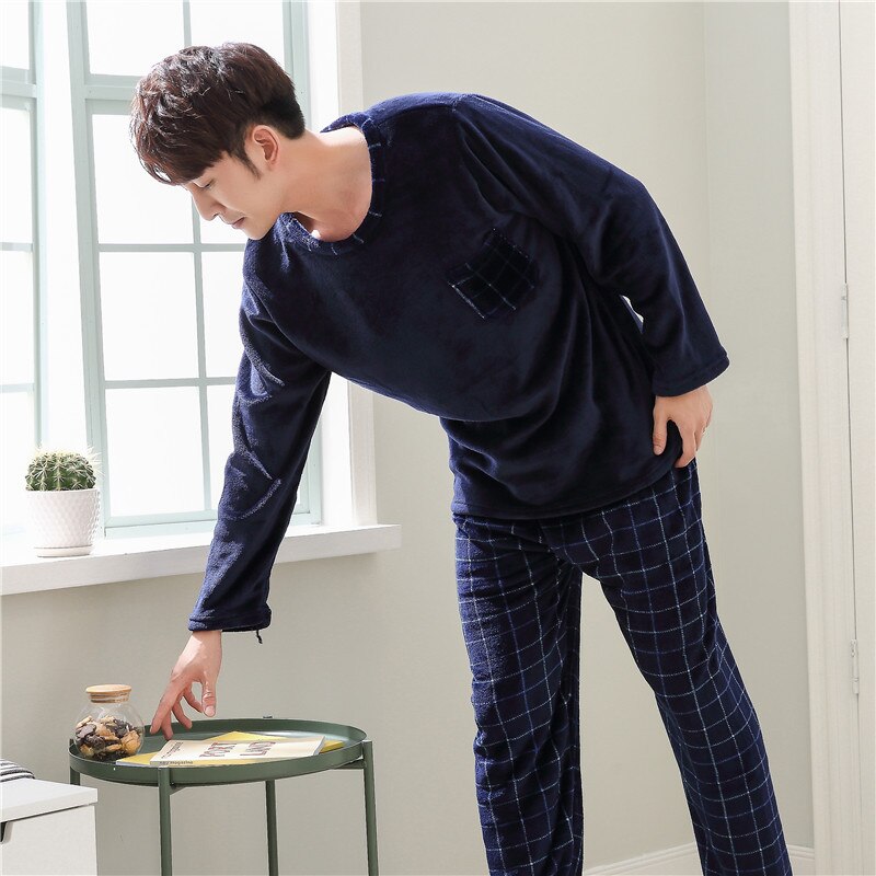 Vinter tykkere varm myk blå flanell pysjamas sett for menn natt pyjamas mannlig langermet pyjamas nattøy dress tilfeldig hjemmeklær