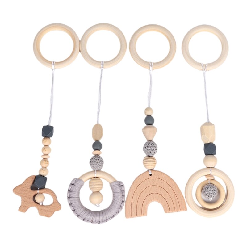 4 Stks/set Baby Play Gym Frame Wandelwagen Opknoping Hangers Hout Ring Bijtring Molaire: Grijs