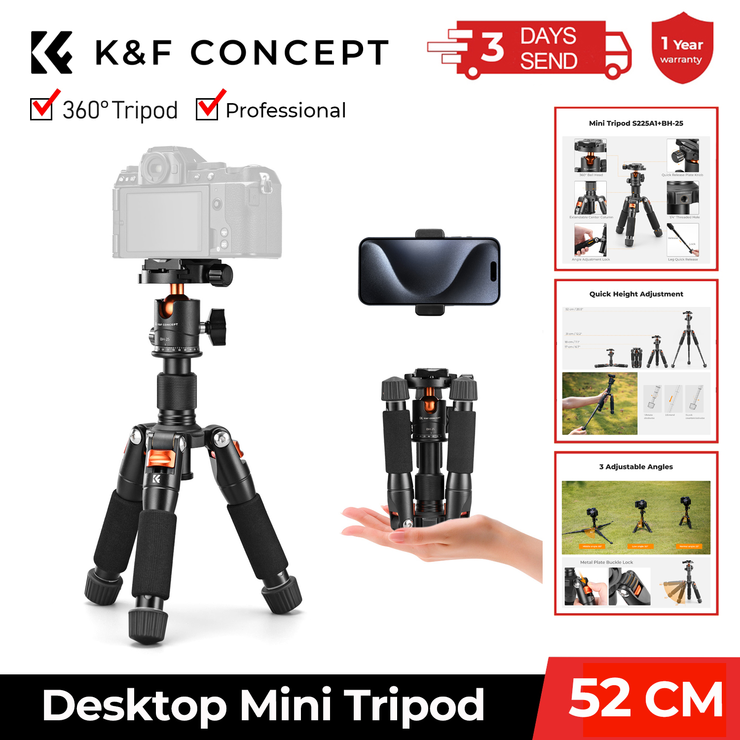 K&F Concept 52cm Mini statyw biurkowy do aparatu Kompaktowy statyw 360 ° Niskoprofilowa śruba z łbem kulistym 1/4'' do kamery wideo