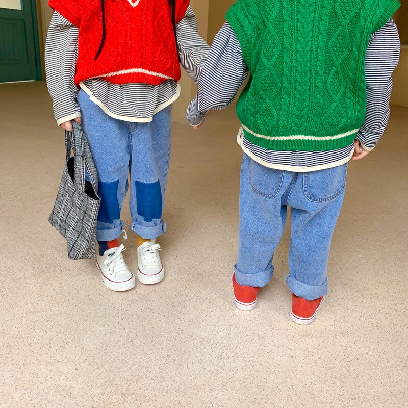 3866 børns bukser efterår koreanske drenge og piger jeans kontrastfarve bukser afslappet 1-7 år børnebukser