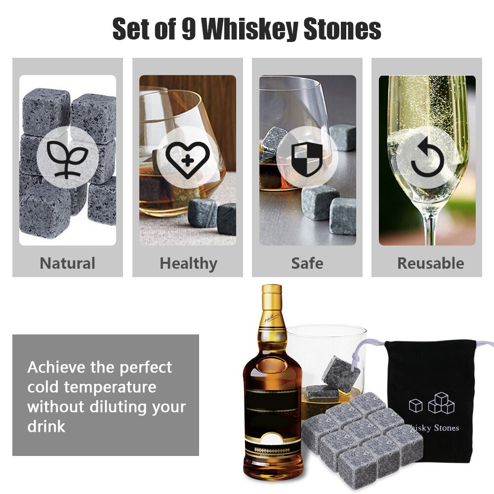 Whiskey Stones Set 9 Granite Whiskey Chill Rocks with Wooden Box and Velvet Bag Wine Stones Reusable Wine Chillers Whisky Stones