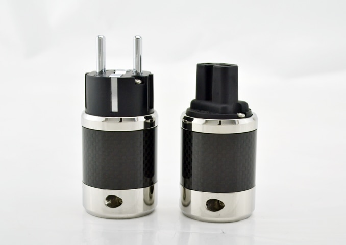 Paire haut de gamme en Fiber de carbone plaqué Rhodium câble d'alimentation ca IEC connecteur femelle Hifi 2 broches EU EUR schuko prise de courant