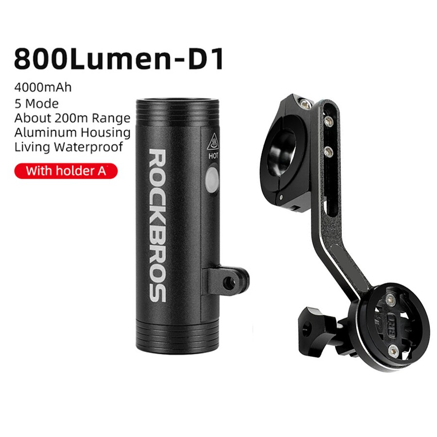 ROCKBROS-Foco de manillar delantero para bicicleta, linterna LED para ciclismo, accesorios para bicicleta de montaña: D1-800 and holder C