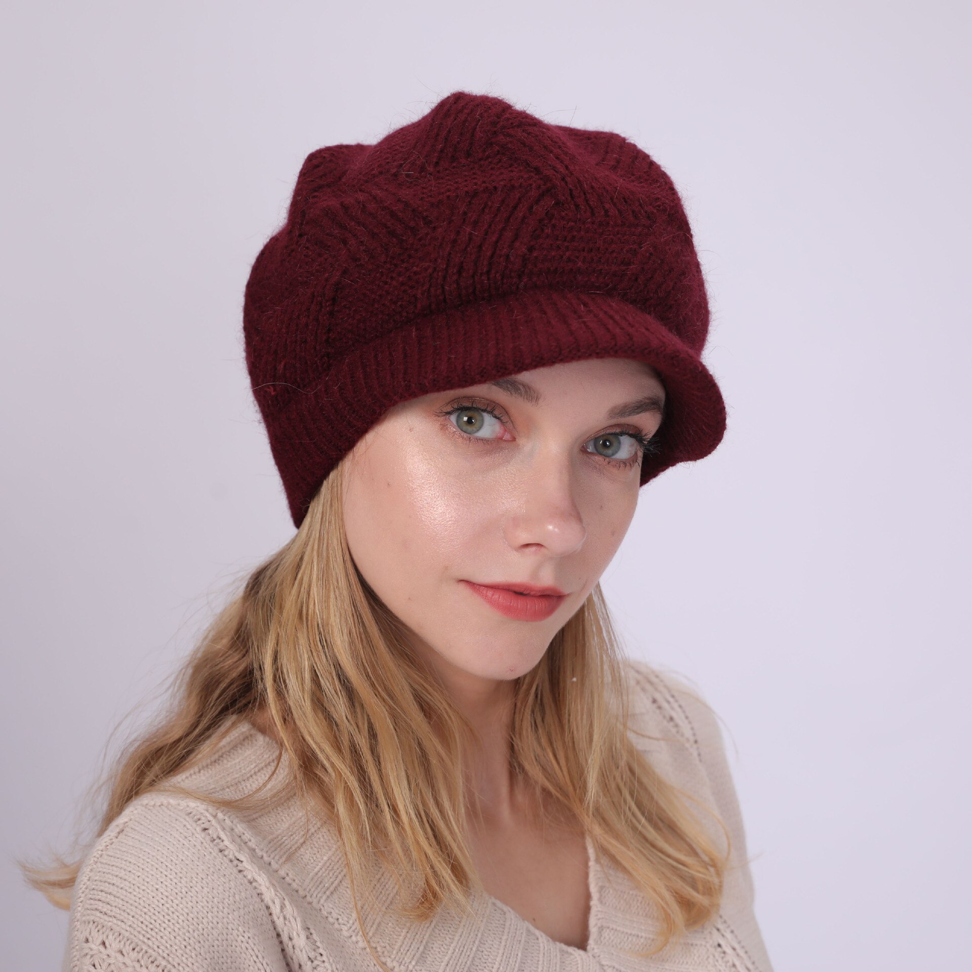 Women Winter Warmer Solid Color Crochet Hat Cap Peaked Visor Brim Slouchy Beret Knitted Hats: 3