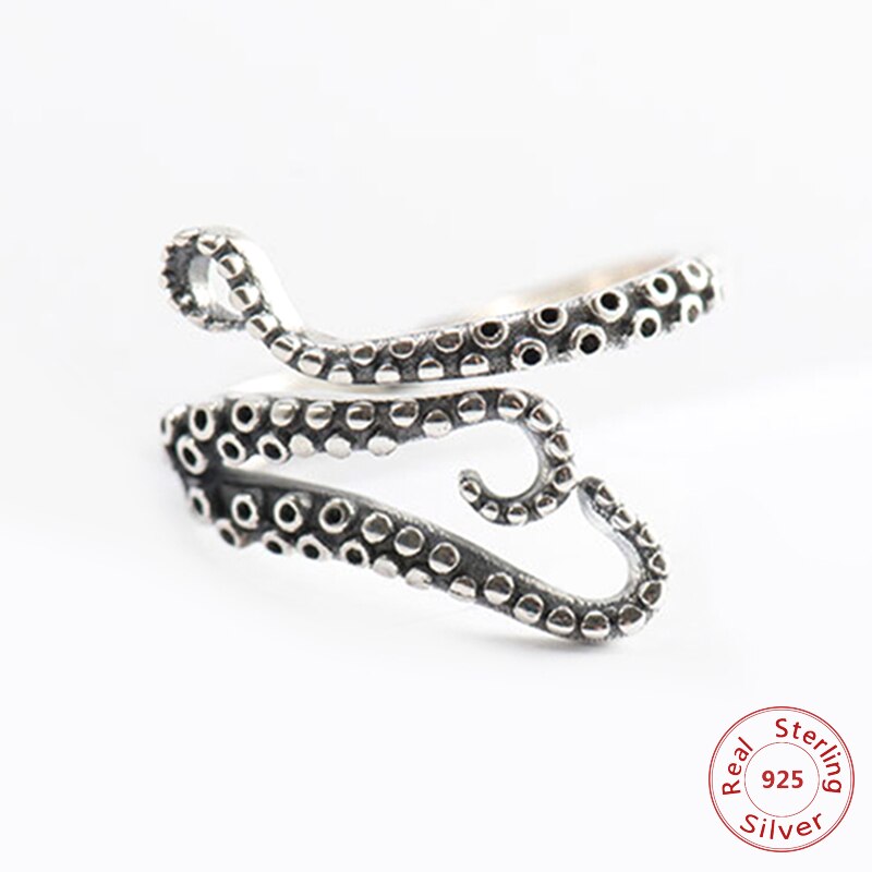 Anillo para mujeres de estilo Punk de Plata de Ley 925 ajustable, anillos únicos Unisex de pulpo, joyería Vintage para mujer