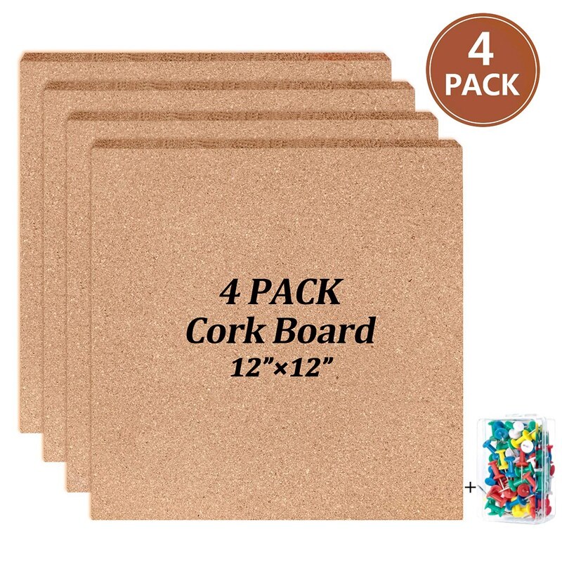 4 Pack Cork Board Tiles with 50x Push Pins 12 Inch X12 Inch-1/2 Inch Thick Bulletin Board Mini Wall Strong Self Adhesiv