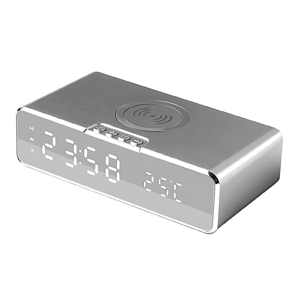 2in 1 LED Alarm Clock Mobile Phone Wireless Charger Digital Temperature Display Bedside Table Clock: Silver