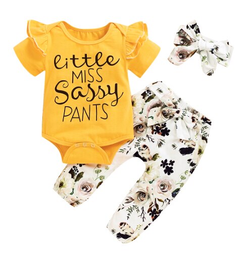Baby zomer 3 -delige set babymeisjes jongens letter bloemen ruches korte mouwen romper top + broek + hoofdband: B / 6m
