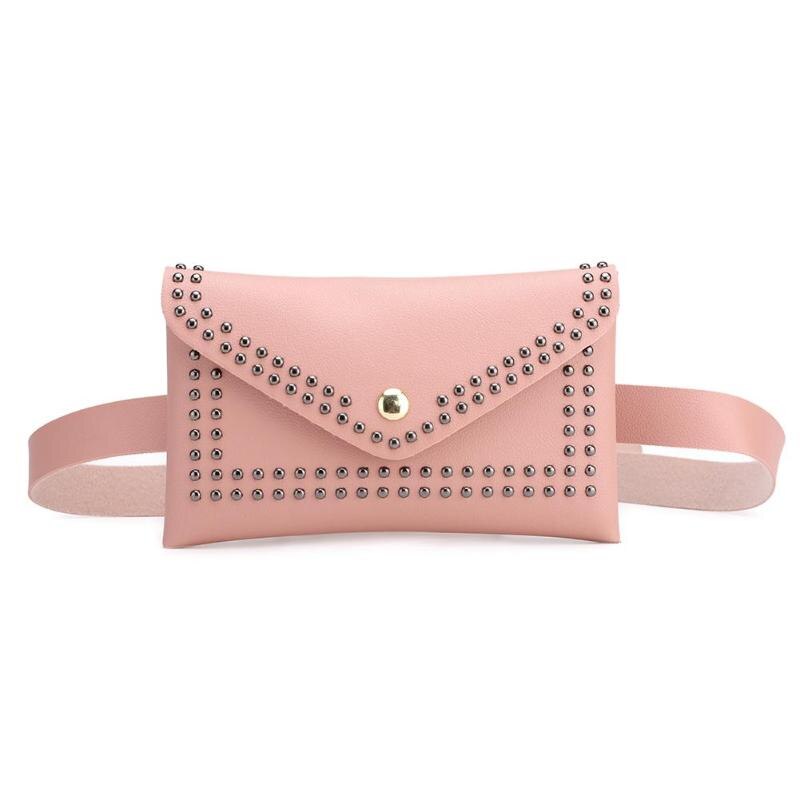 Punk Solid Color Rivet Shoulder Waist Bags Female Girls Fanny Belt Packs Women PU Leather Crossbody Casual Messenger Chest Bags: Pink