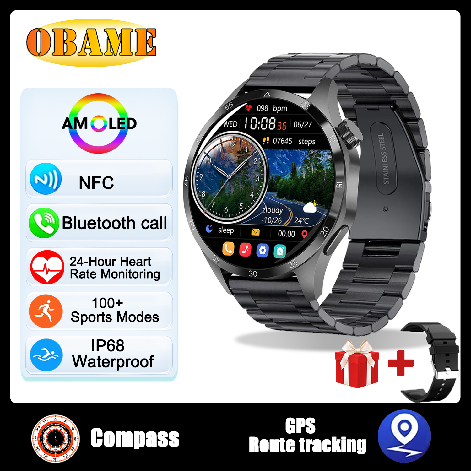 reloj inteligente clásico con GPS, pantalla AMOLED Ultra HD de 1,6 pulgadas, GPS incorporado, llamada BT, NFC, IP68, reloj inteligente resistente al agua para Android IOS: Morado