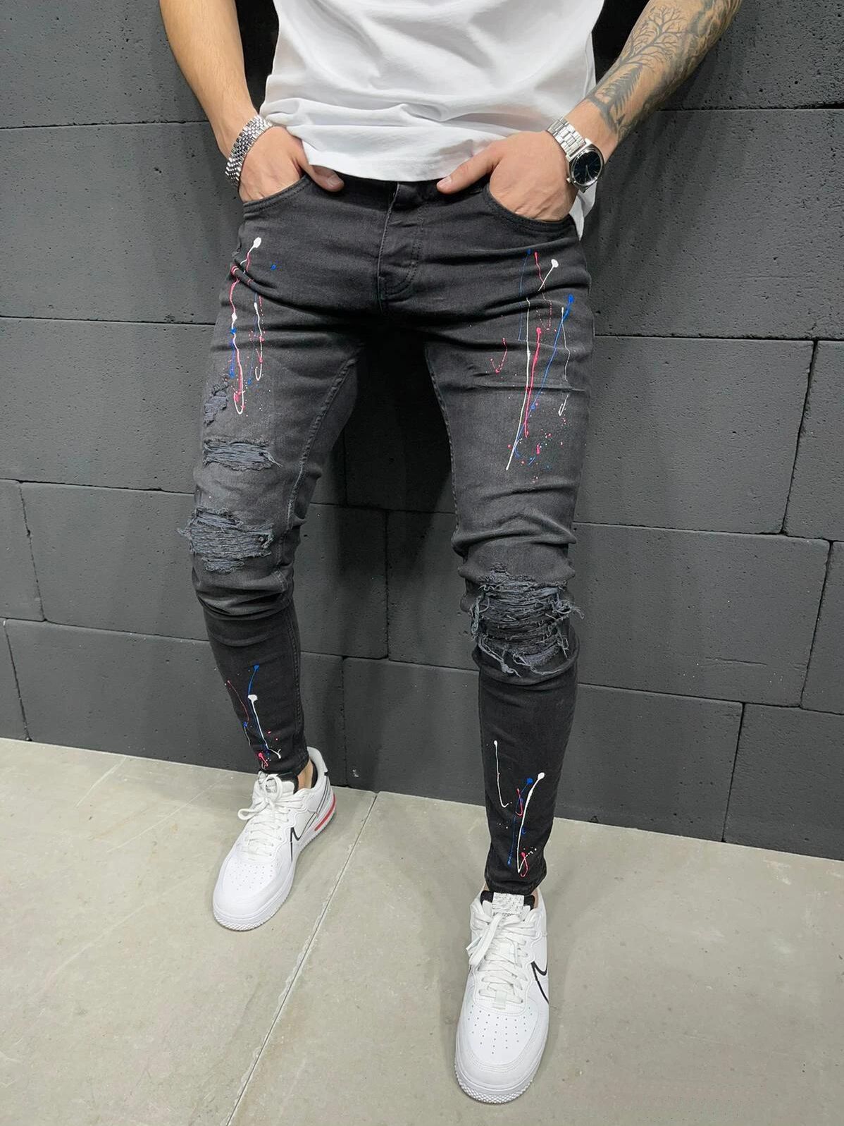 Pantalones largos de tubo rasgados para hombre, Jeans ajustados con agujeros de primavera, pantalones vaqueros ajustados para hombre, de Hip-hop, ropa: XXL