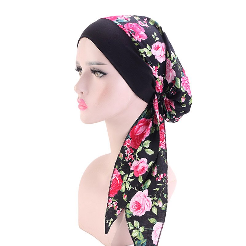 Kvinnors muslim hijab cancer kemo blomma tryck hatt turban mössa täcka håravfall huvud halsduk wrap förbundna huvudbonader strech bandana: 6