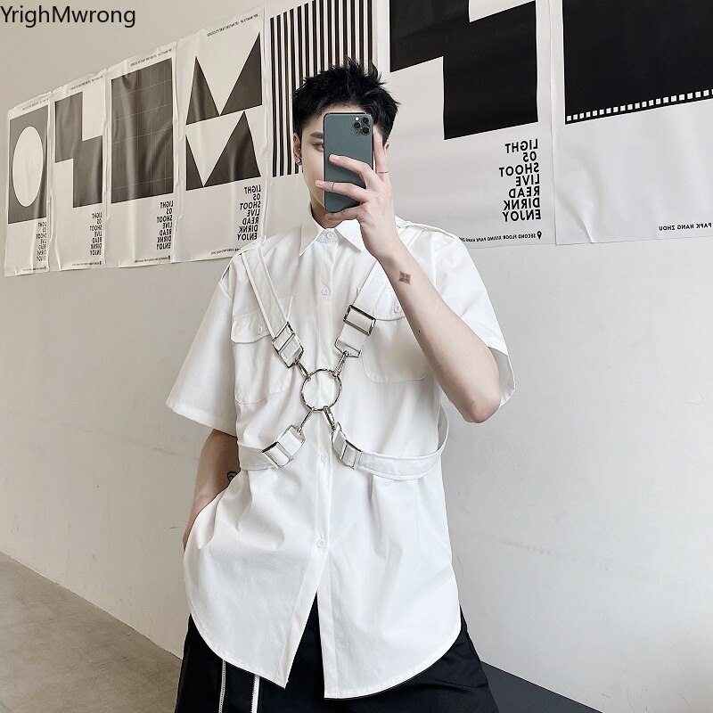 Plus size afneembare ring harnas kooiband hiphop harajuku streetwear heren overhemd zak blouse vrouw koreaanse punk