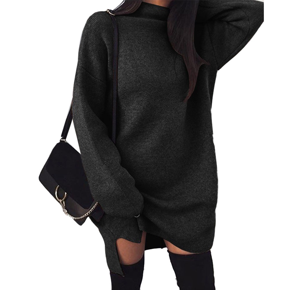 Hiver femmes couleur unie col roulé en vrac à manches longues tricoté robe pull col haut en vrac tricot fendu robe pull: Black / M