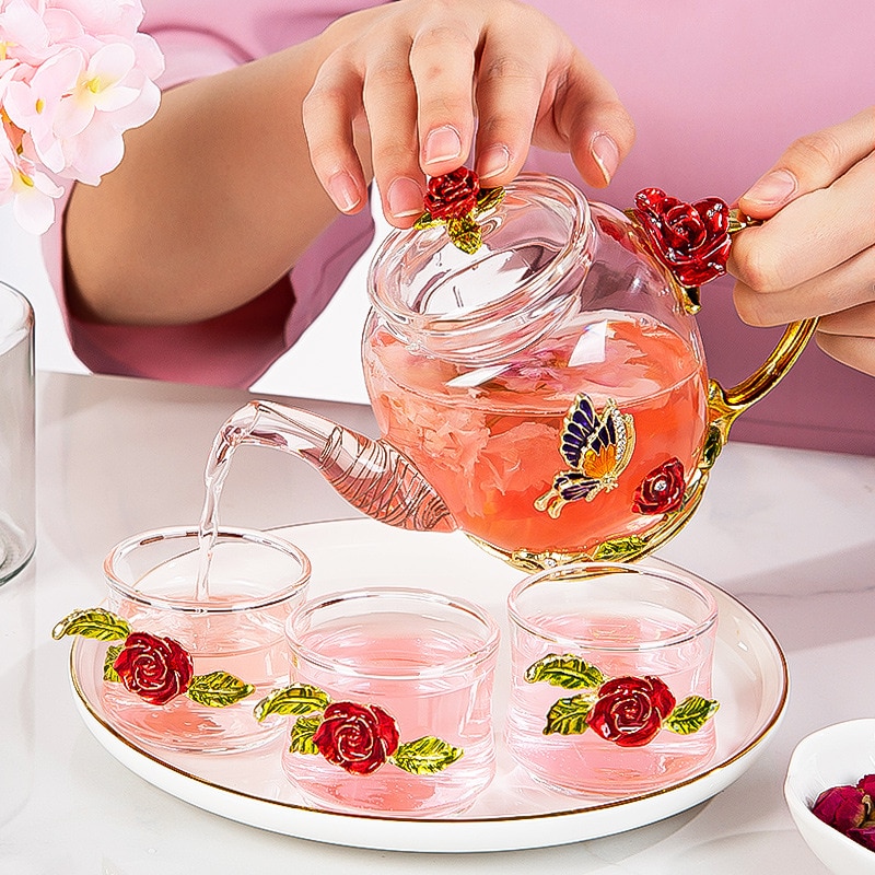 Rød rose emalje krystal blomst te glas kopper til og kolde drikke glas kop sæt hjemme drikkevarer kontor boks te sæt