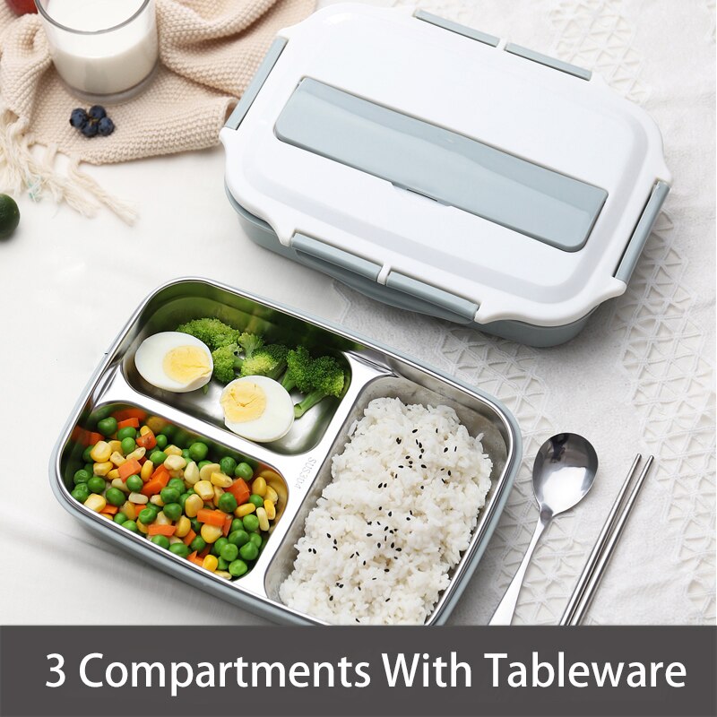 Stainless Steel Thermal Lunch Box Containers with Compartments Leakproof Bento Box Food Container Picnic Office School Lunchbox: blue w tableware-3