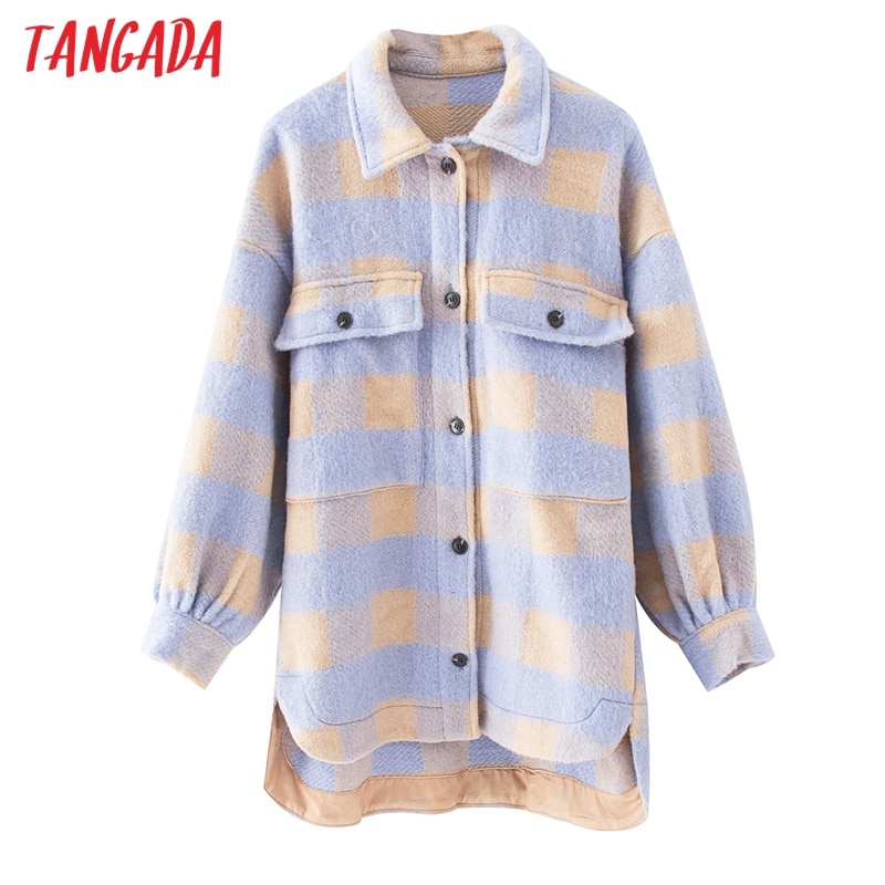Tangada vintage lilla gitter lang jacekt frakke kvinder forårs skjorte jakke oversize plus size kvinder jakke  qj101