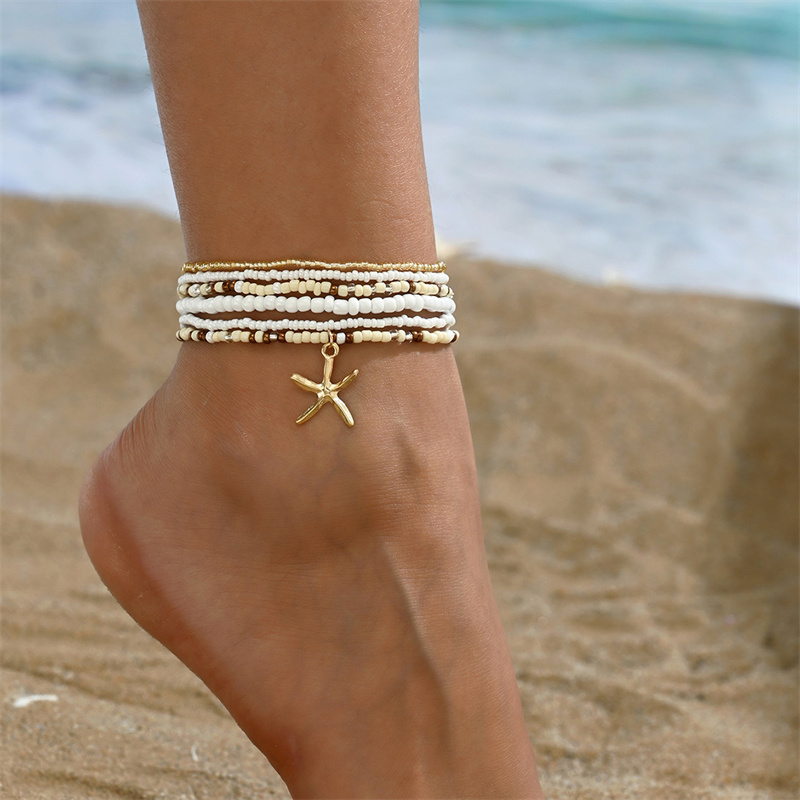 Tobillera bohemia multicapa con cuentas de arroz para mujer, tobilleras con colgante de estrella de mar a la , cadena de tobillo de playa de arena para verano, joyería en la pierna: Rojo óxido