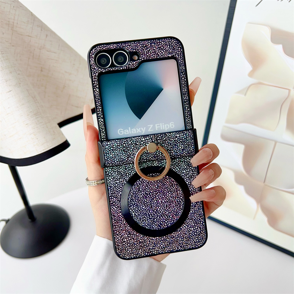 Glitter Magnetische Ring Houder Case voor Samsung Galaxy Z Flip6 Zflip5 ZFlip 3 4 5 6 Magsafe Draadloze Lading Scharnier Schokbestendige Cover: Polyester / Black