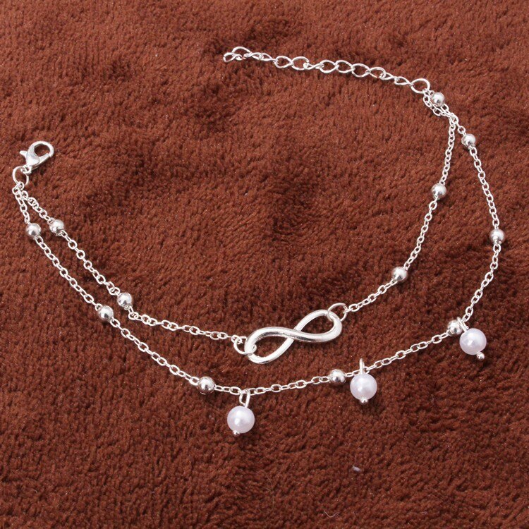 Fashion2 color Infinity Love Anklet Ankle Bracelet Jewelry Barefoot Sandals Beads Leg Chaine on Foot Anklets for Women Jewelry: Pearl  Silver