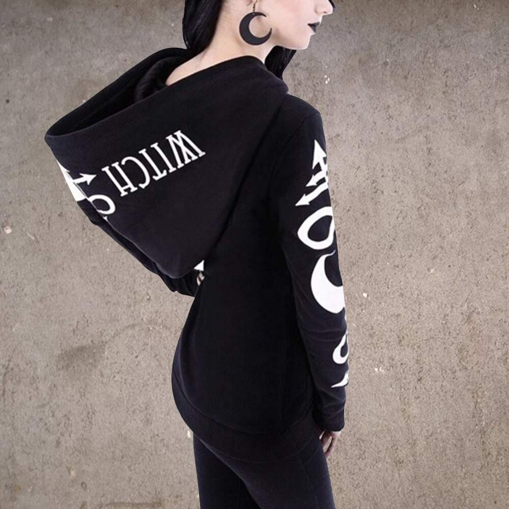 Vrouwen Gothic Hoodies Winter Harajuku Maan Brief Print Zwarte Vrouwelijke Sweatshirts Casual Pocket Hooded Zipper Punk Sweatshirt