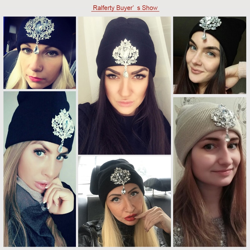 Ralferty Winter Vrouwen Hoeden Luxe Strass Kristal Accessoires Hoofddeksels Beanie Hoed Vrouwen Cap Motorkap Femme Gorro