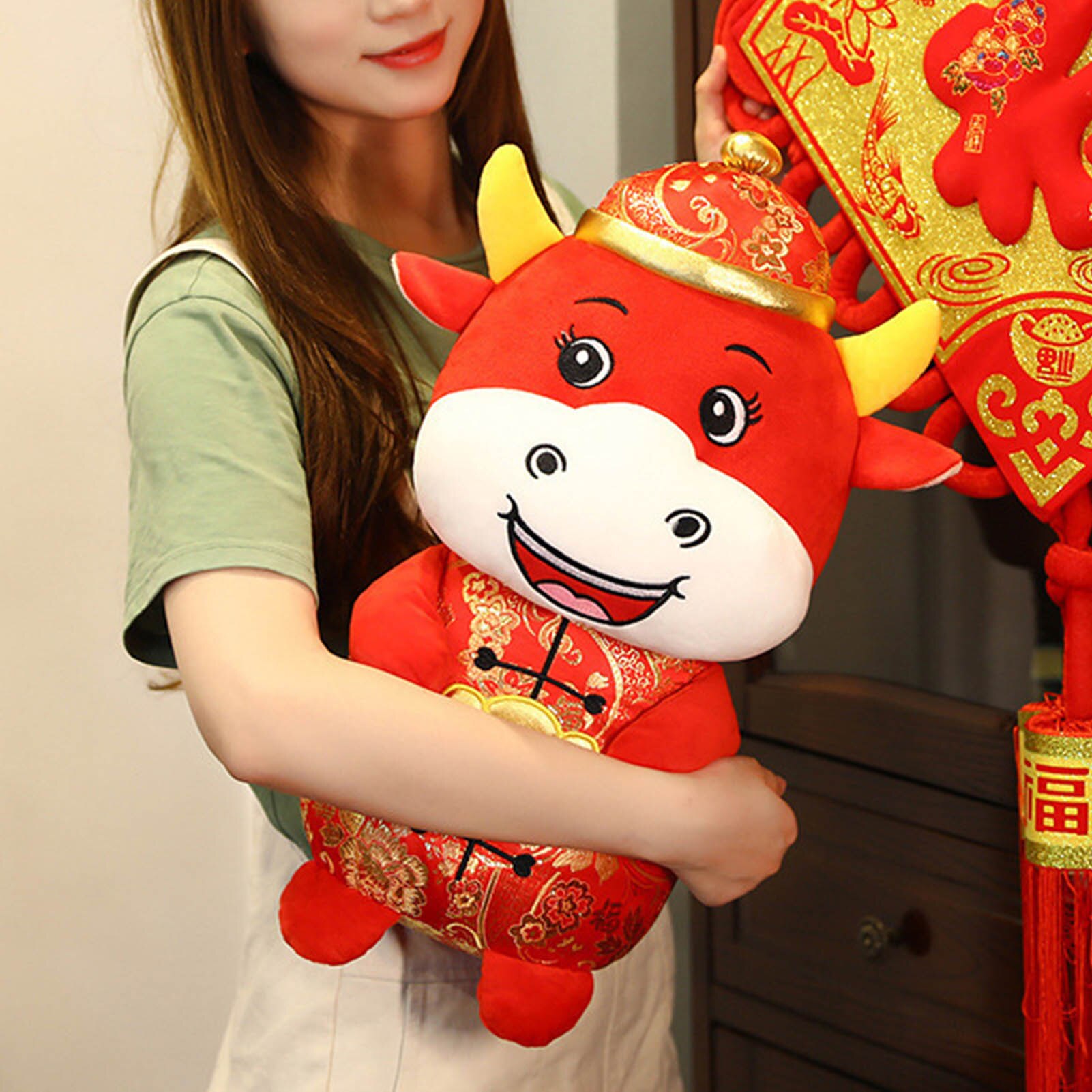 Chinese Year Cute Dress Mascot Plush Red Cow in Tang Suit Soft Toy