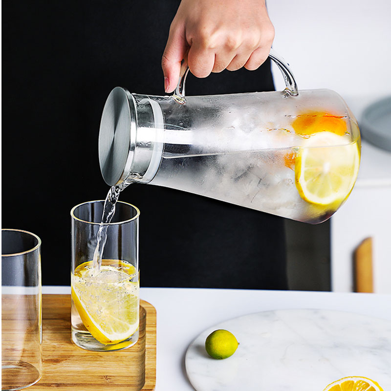 Hög borosilikatglas kanna genomskinlig kallvatten vattenkokare tekanna rostfritt stål lock fruktjuice te 1500ml +  glaskoppar