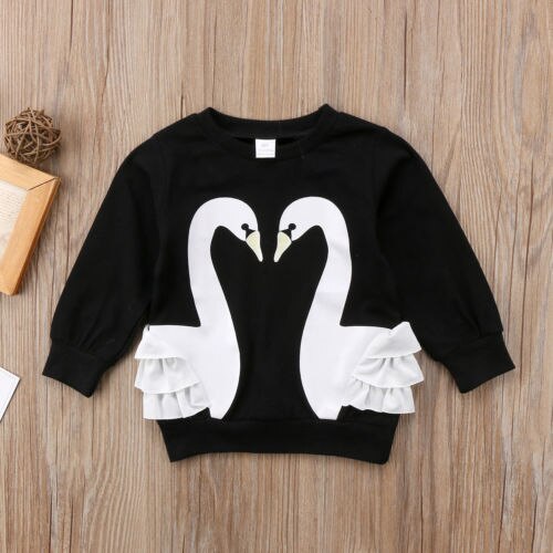 Schattige zwaan kind kinderen baby meisjes katoenen lange mouwen kant t-shirt top blouse kleding eendelig warm
