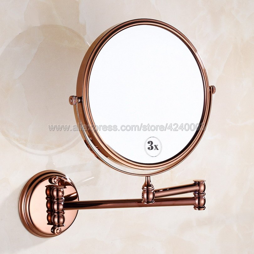 Rose Gold Bath Mirrors 3 x Magnifying Mirror of Bathroom Makeup Mirror Folding Shave 8" Dual Side Wall Round Mirrors Kba630