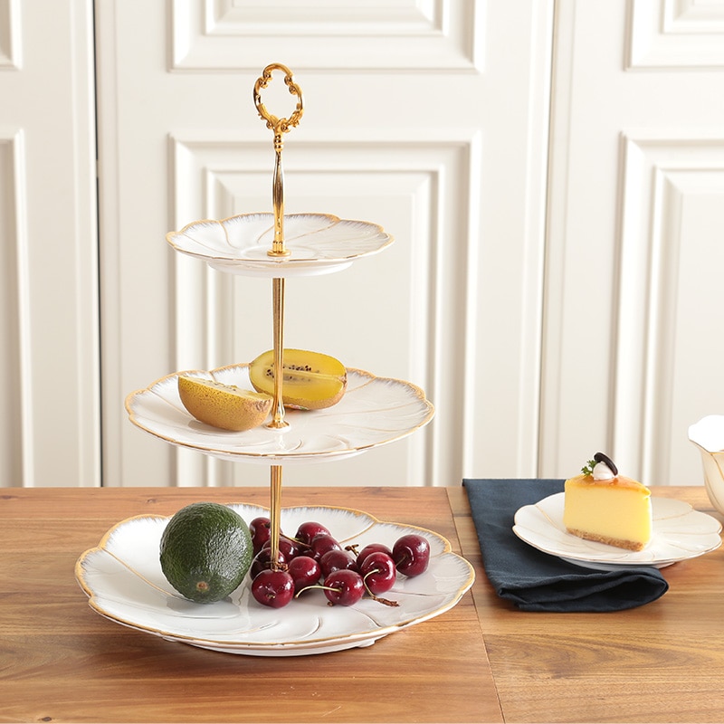 Dubbele Lagen 3 Lagen Witte Cake Stand Met Gouden Rand Taart Plaat Snack Schotel Servies Dessertbord Huwelijkscadeau