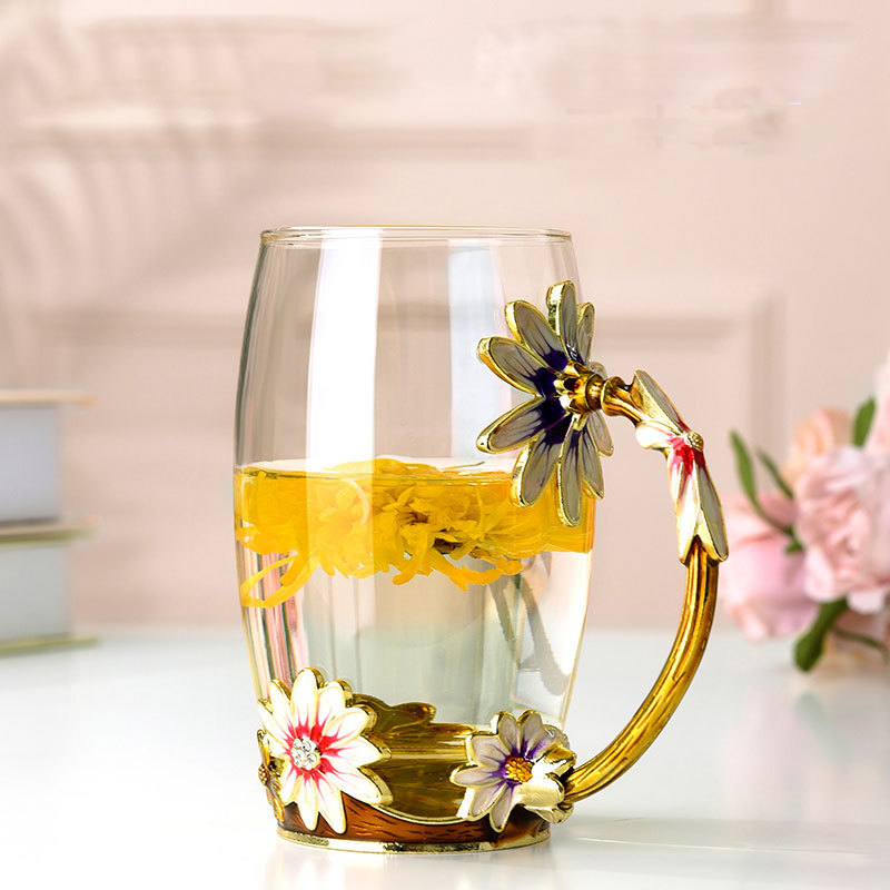 Single Layer Daisy Glazen Beker Bloem Thee Sap Melk Koffie Glazen Beker voor Thuis Restaurant in Koude en Warme Drank: High without spoon