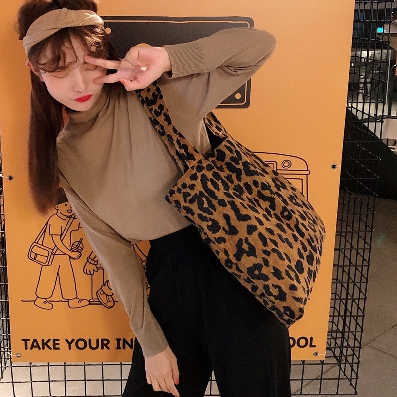Vrouwen Schouder Canvas Shopper Tas Luipaard Print Koreaanse Boodschappentas Casual Vrouwelijke Handtas Katoen Tote Tassen Voor Vrouwen