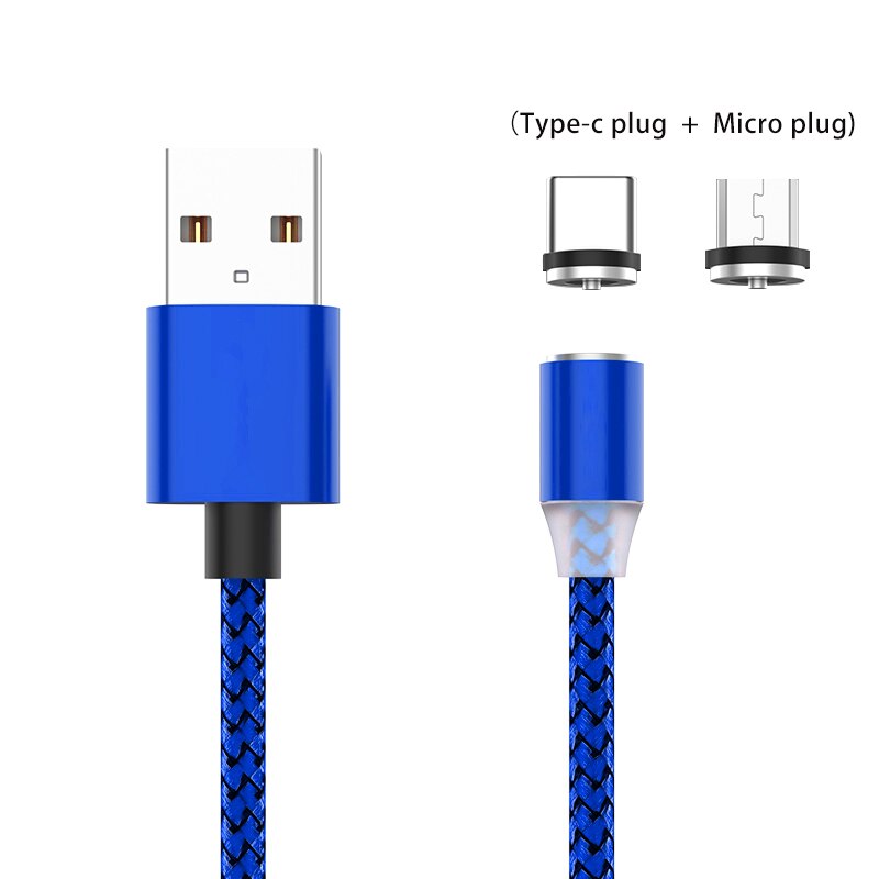 Fast Charging Type C Cable LED 2A Magnet Mini USB Cable Charger Data Mini Micro 2M Mobile Phone for Xiaomi 1M PC Computer: blue with two plug / 1m