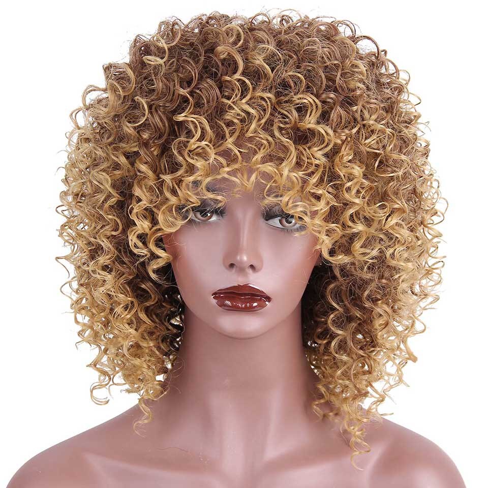 14 tommer kort afro paryk brun syntetisk kinky krøllede parykker til kvinder 10 farver ombre fluffy afrikansk amerikansk naturlig sort hår: Med pandehår -t27-33