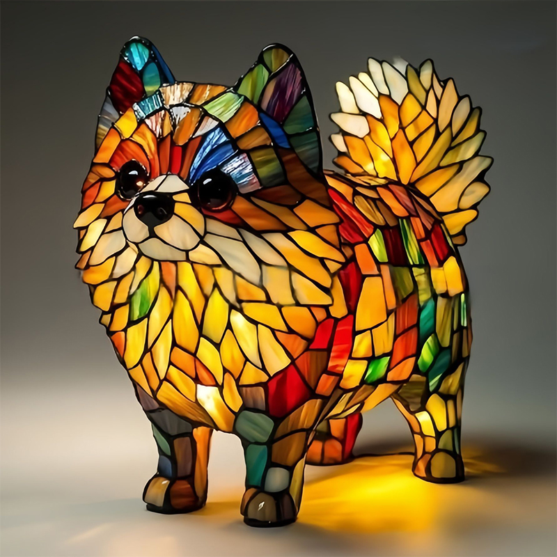 Kattelampe i farget glass, retro magisk katt i farget harpiksbordlampe - søt led-lampe med kjæledyrtema for hunde- og katteelskere: Grå