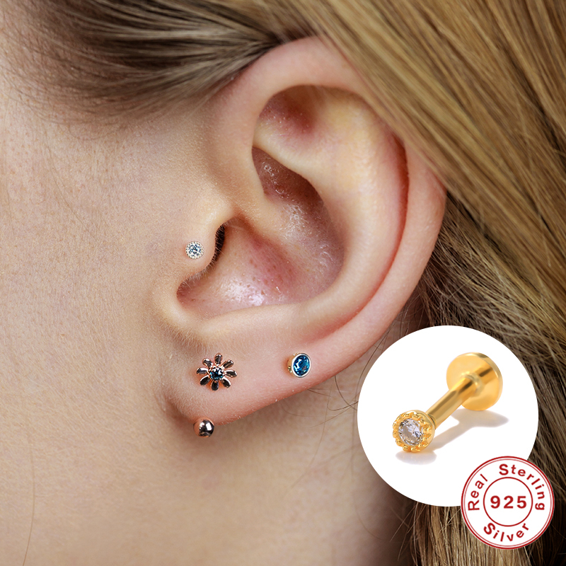 CANNER 1pc 925 Sterling Silver Tragus Piercing Stud Earrings for Women AAAAA Zircon Labret Lip Rings Cartilage Earrings Jewelry