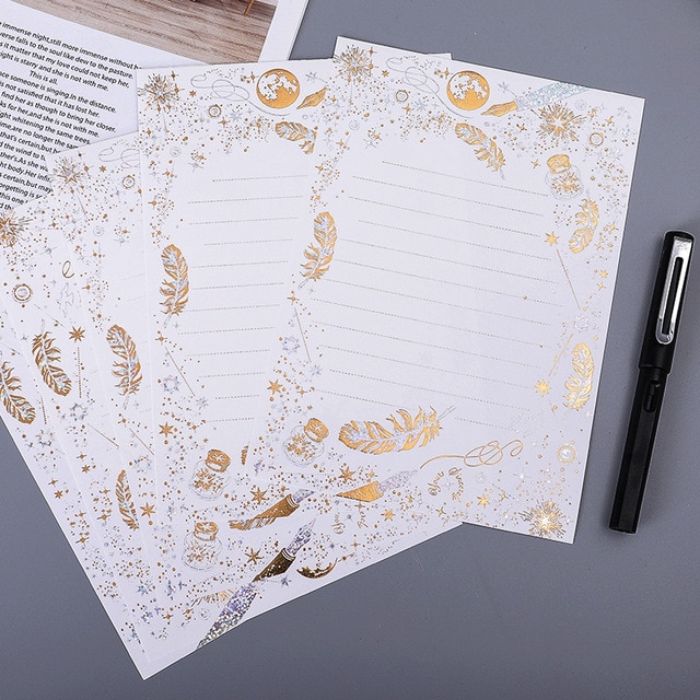 8pcs Golden Feather Paper Vintage Bronzing Letterhead Letter Writing Paper Letter Pad Drawing Sketch Pad Stationery