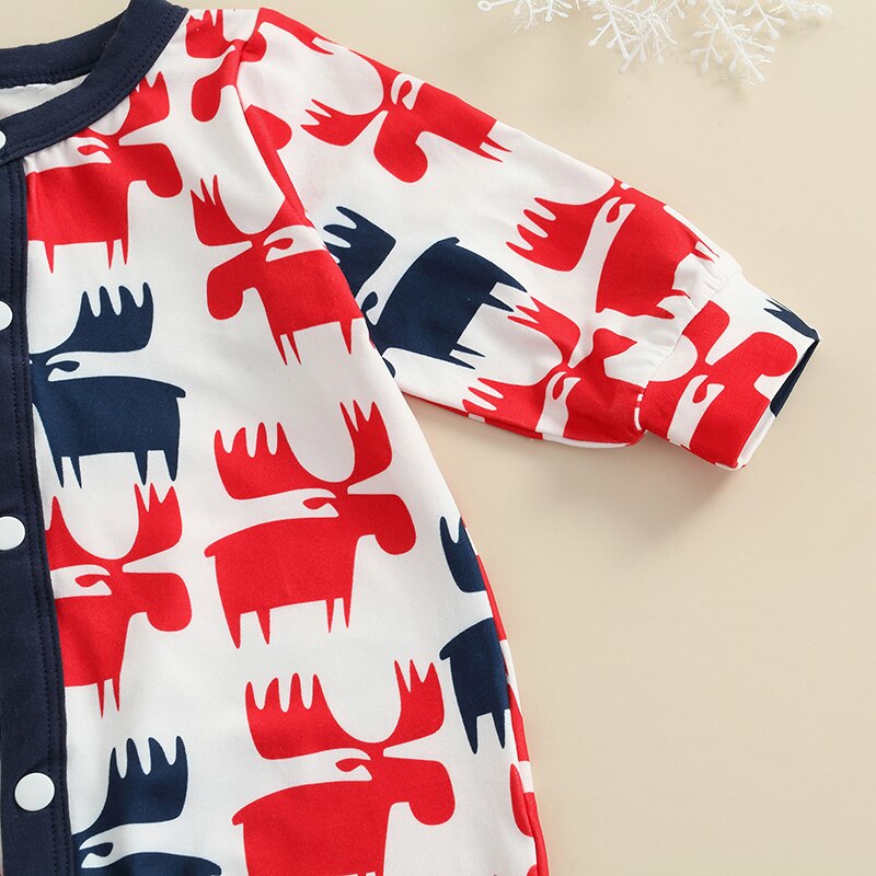Pasgeboren Jongen Lange Mouw Romper Kerst Elanden Gedrukt Wrap Voet Knop Crew Hals Speelpakje Casual Eenvoudige Stijl Jumpsuit 0-18Months